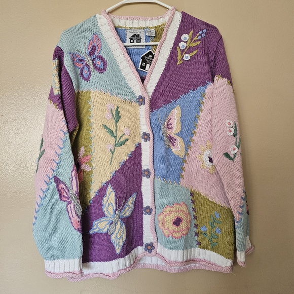 NWT Vtg Storybook Knits Butterfly & Floral Patchwork Sweater Cardigan Size L 90s - Picture 3 of 16